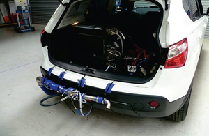 Portable emissions measurement system (PEMS) installed in a test vehicle.