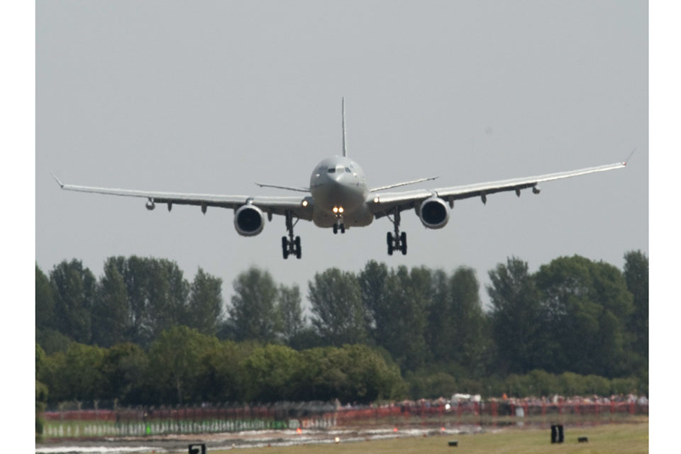 The RAF'S new strategic tanker aircraft, officially named Voyager, arrives at RAF Fairford