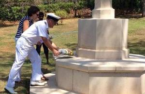 UK Non-resident Defence Advisor for Sri Lanka Captain Stuart Borland RN and Deputy High Commissioner to Sri Lanka Laura Davies at the Commonwealth War Graves Cemetery in Trincomalee.