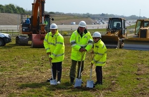 David Bowe (North Yorkshire County Council), Mark Scott (Environment Agency), and Vanessa Gilbert (Highways England) mark the start of the flood alleviation scheme.