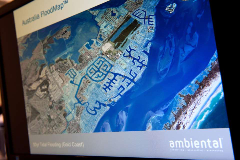 Computer screen showing a floodmap of Australia.