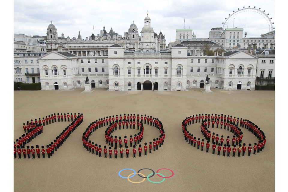 At Horse Guards Parade in central London 260 Guardsmen from the Grenadier, Coldstream, Scots and Welsh Guards mark 100 days to go to the London 2012 Olympic Games