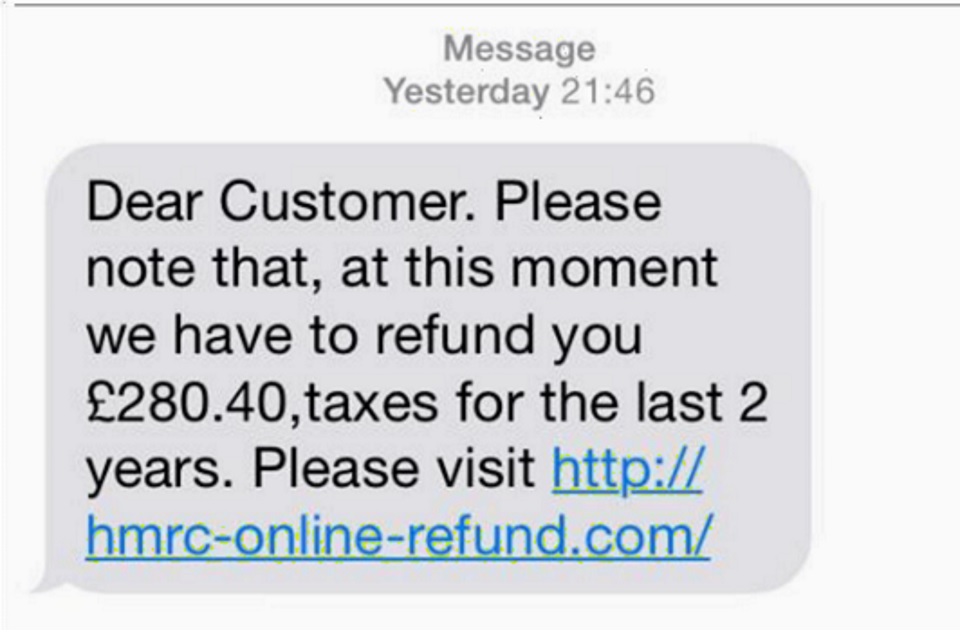 Example of a text message giving details of a refund to trick people into disclosing their personal information.