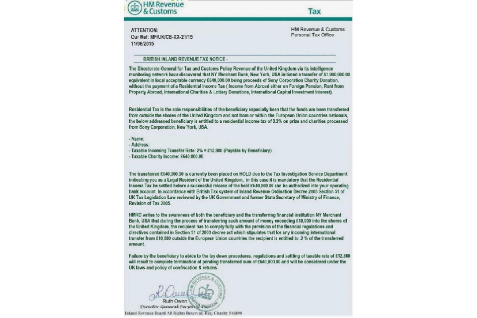 Example of a bogus email requesting personal details for HMRC to release funds placed on hold.