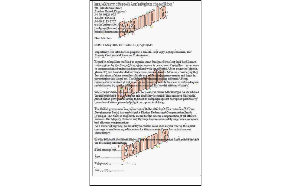 Example of a bogus email requesting personal details for a compensation payment from HMRC.