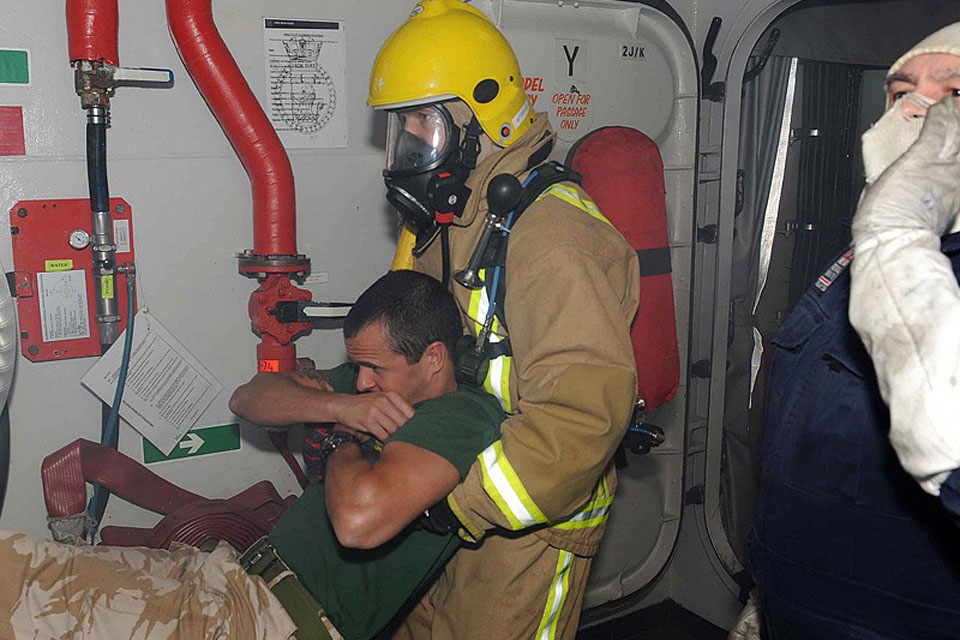 Damage control exercise on board HMS Iron Duke