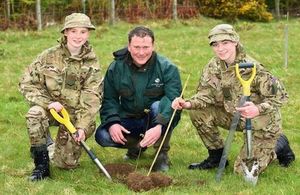 Cadet Lance Corporals Ethan Boyd and Nathanel Richmond with Gregor Fulton of the Woodland Trust. [Photo: Reserve Forces and Cadets Association Northern Ireland. All rights reserved]