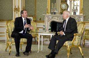 Secretary of State for Defence, Dr Liam Fox, discusses shared defence issues with his US counterpart, Robert Gates, at Lancaster House in London