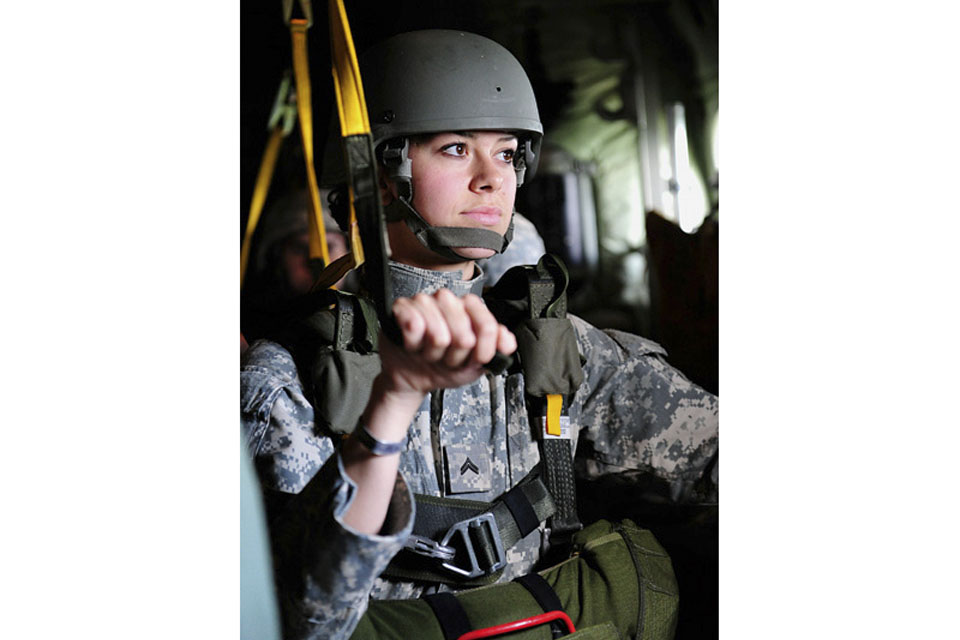 A member of the US Army's Civil Affairs and Psychological Operations Command (Airborne) prepares to jump during Exercise Airdrop Warrior 