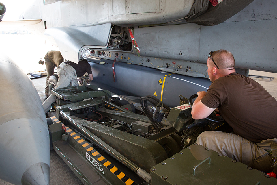 Armourers from 903 Expeditionary Air Wing (EAW) based out of Royal Air Force Akrotiri load a Tornado GR4 with Stormshadow cruise missiles. Crown Copyright.