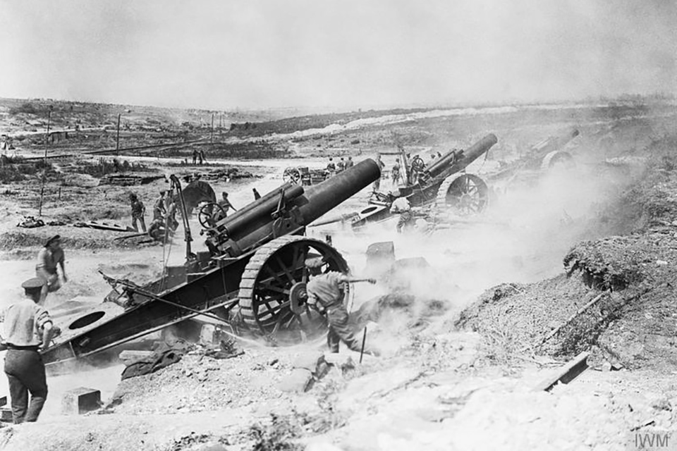 Three 8 inch howitzers of 39th Siege Battery, Royal Garrison Artillery (RGA), firing from the Fricourt-Mametz Valley during the Battle of the Somme, August 1916