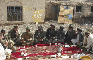 Troops from 5th Battalion The Rifles facilitate a shura between Afghan elders from the village of Char Kutsa and district community councillors for the first time