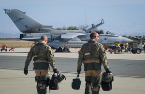 A Tornado crew based out of RAF Akrotiri walk out to their aircraft to undertake an operational sortie over Iraq and Syria.