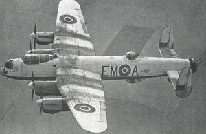 World War 2 Lancaster Bomber in flight. Crown Copyright