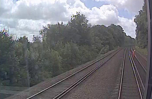 Forward facing CCTV image showing track worker in front of train (Courtesy of South West Trains)