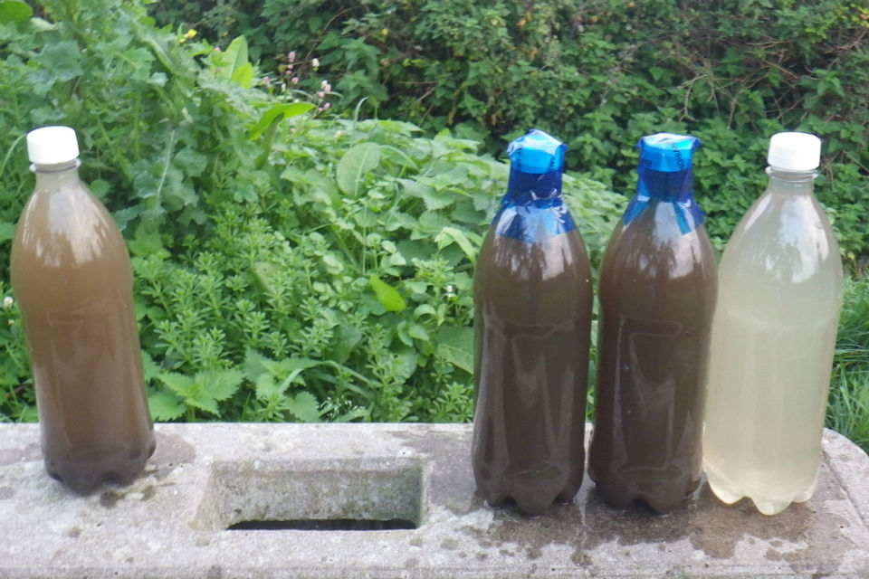 Bottles containing samples of water, ranging in colour from light brown, dark brown to clear