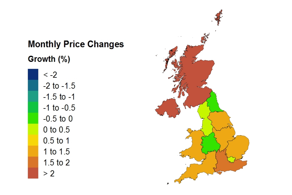 Annual price change for UK by country over the past five years
