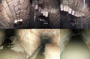Images of damaged brickwork on the culvert ceiling and of the culvert itself
