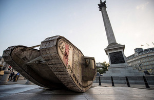 A British First World War tank displayed in Trafalgar Square.