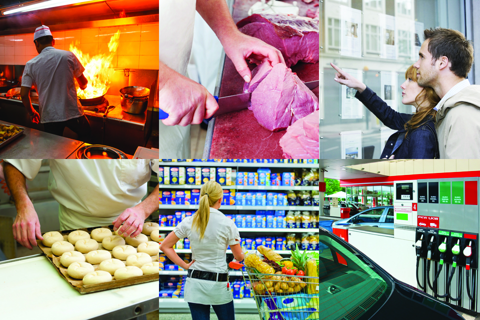 Montage of businesses showing a kitchen, butcher, estate agent, baker, supermarket and service station.