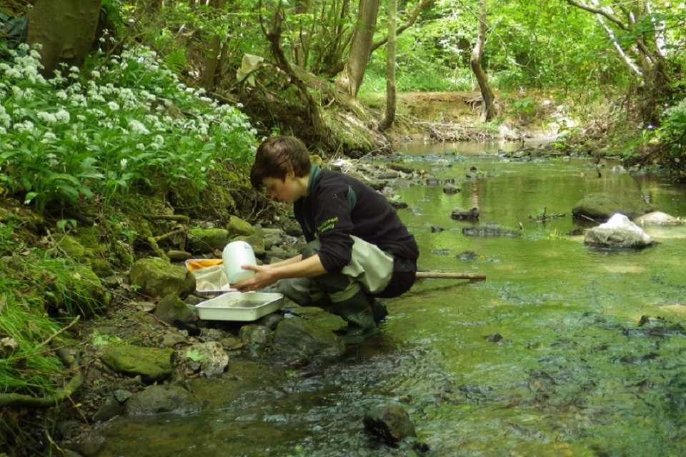 Image shows the Environment Agency's Jess Anson carrying out a survey at Saltburn Gill