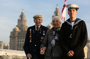 Navy Veteran Jim Simpson with wife Sybil and Sailor Lee Campbell on HMS Dragon today