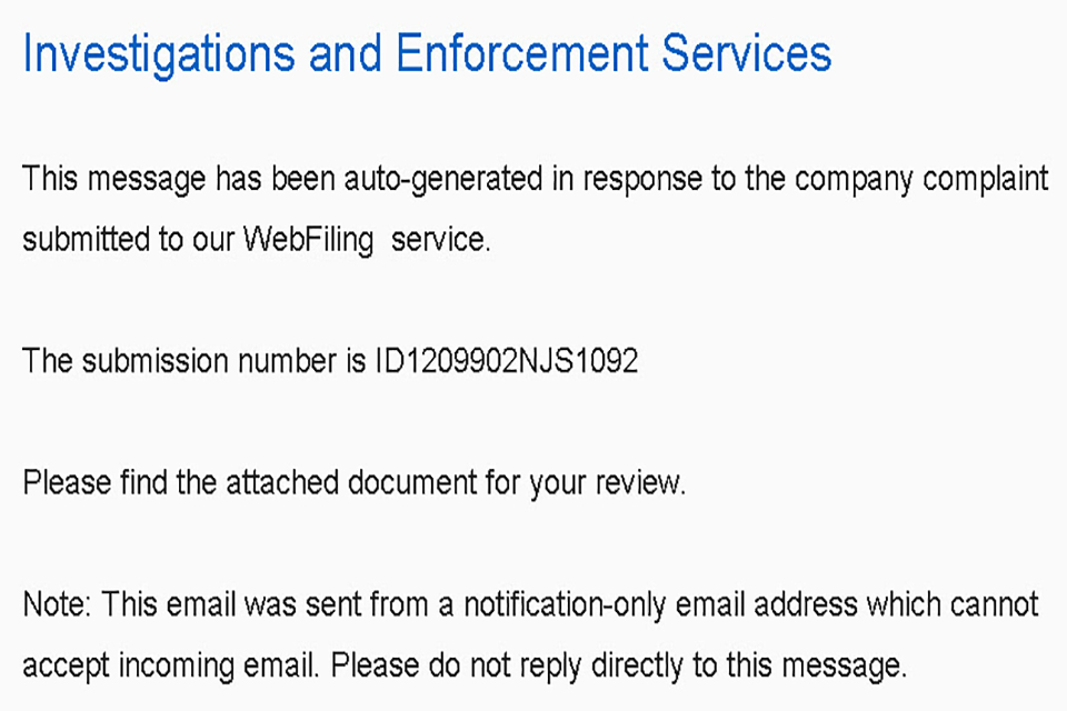Image showing text of malicious email claiming to be from Companies House