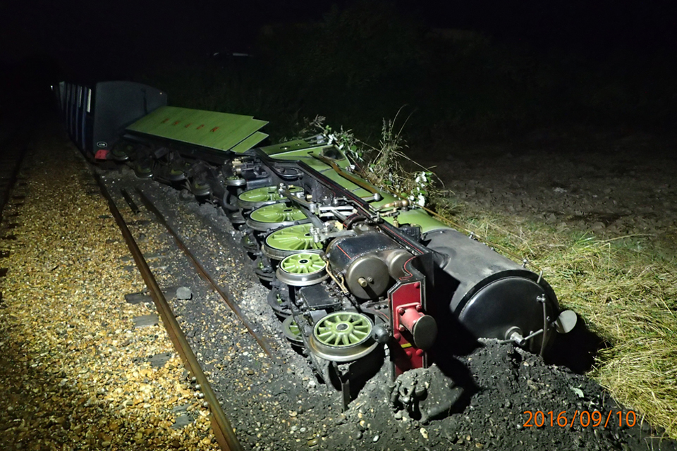 Romney Hythe and Dymchurch locomotive Number 1 'Green Goddess' lying on its side after the accident