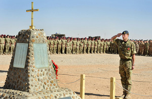 Prince William salutes at the memorial to the British soldiers killed in Afghanistan during a Remembrance Sunday service at Camp Bastion [Picture: John Stillwell/PA Wire 2010]
