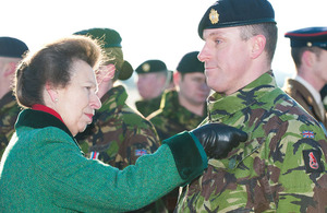 The Princess Royal presents Warrant Officer Class 2 Richard Preece with his Afghanistan campaign medal [Picture: Staff Sergeant Ian Houlding RLC, Crown Copyright/MOD 2012]