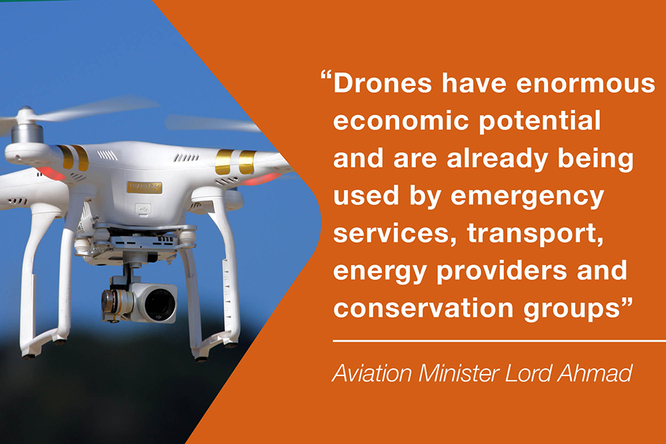 "Drones have enormous economic potential and are already being used by emergency services, transport and energy providers and conservation groups to improve services." Aviation Minister Lord Ahmad