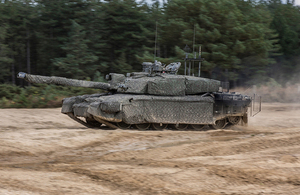 UK Main Battle Tank, Challenger 2 Theatre Entry Standard (CR2 TES) fitted with a Mobile Camouflage System (MCS). Crown Copyright.