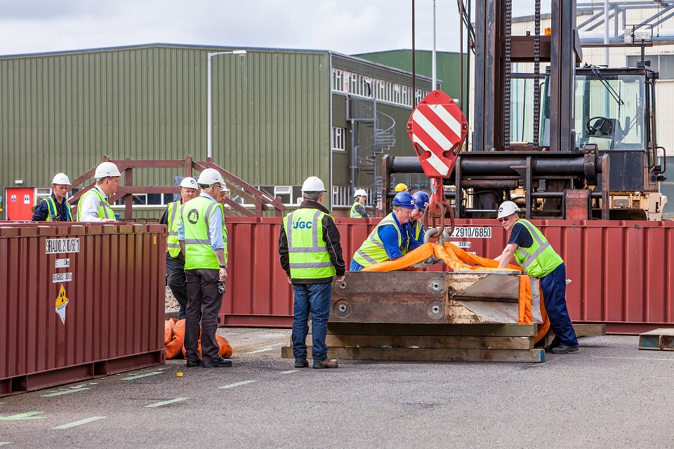 One of the 26-tonne doors, ready for transfer to the LLW facility after being winched through the roof