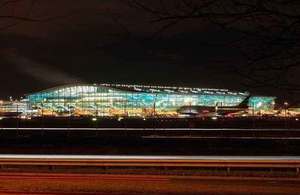 Nightime photograph of Heathrow airport.