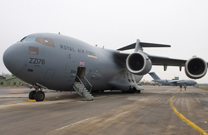 2 RAF C-17 aircraft at Évreux-Fauville Air Base, approximately 100 kilometres west of Paris, to load equipment prior to departing for Bamako, Mali [Picture: Senior Aircraftman Dek Traylor, Crown Copyright/MOD 2013]