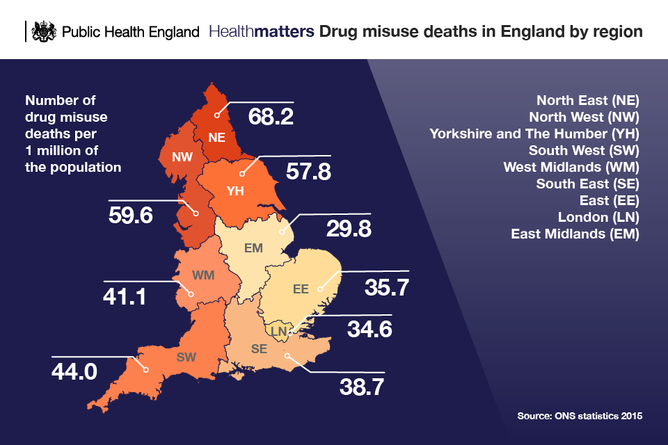 Infographic of drug misuse deaths in England by region
