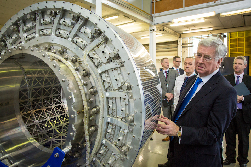 The Defence Secretary with a heat exchanger, a component part of the SABRE (Synergetic Air-Breathing Rocket Engine) at Reaction Engines in Culham Science Park in Oxfordshire