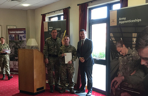 Defence Minister Mark Lancaster introduced some of the highest performing soldier apprentices, including Lance Corporal Tristan Willis. Crown copyright.