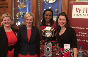 WILL founder Sascha Grimm, Secretary of State Elizabeth Truss, Funke Abimbola and Suzanne Szczetnikowicz.