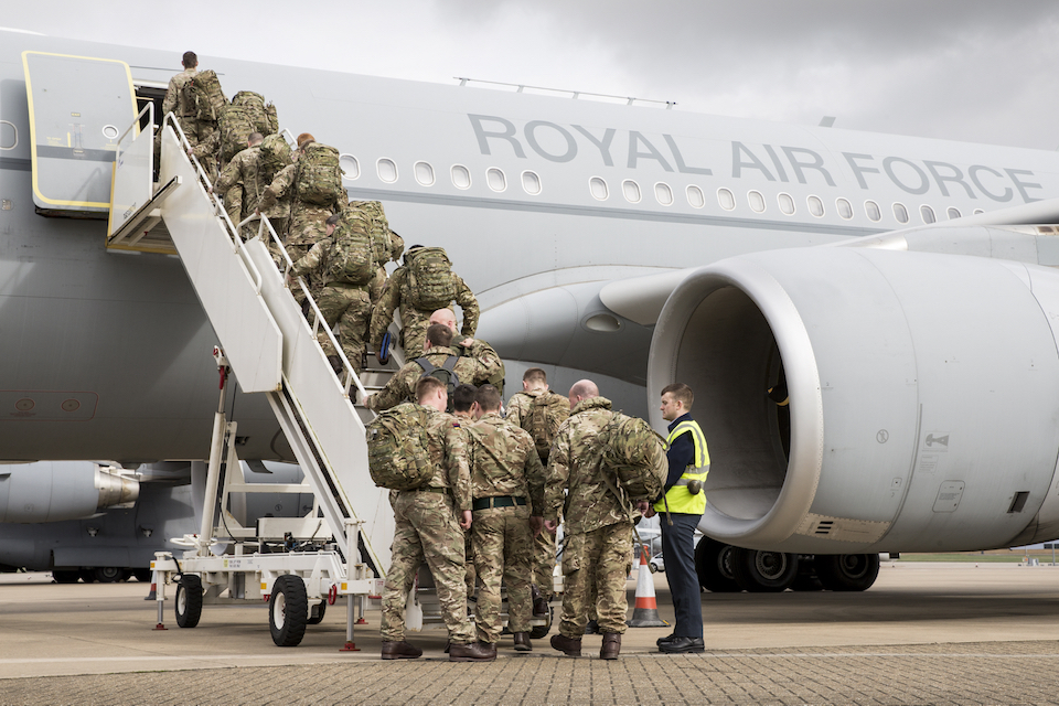 Personnel from the 5th Battalion The Rifles depart from RAF Brize Norton for Estonia.