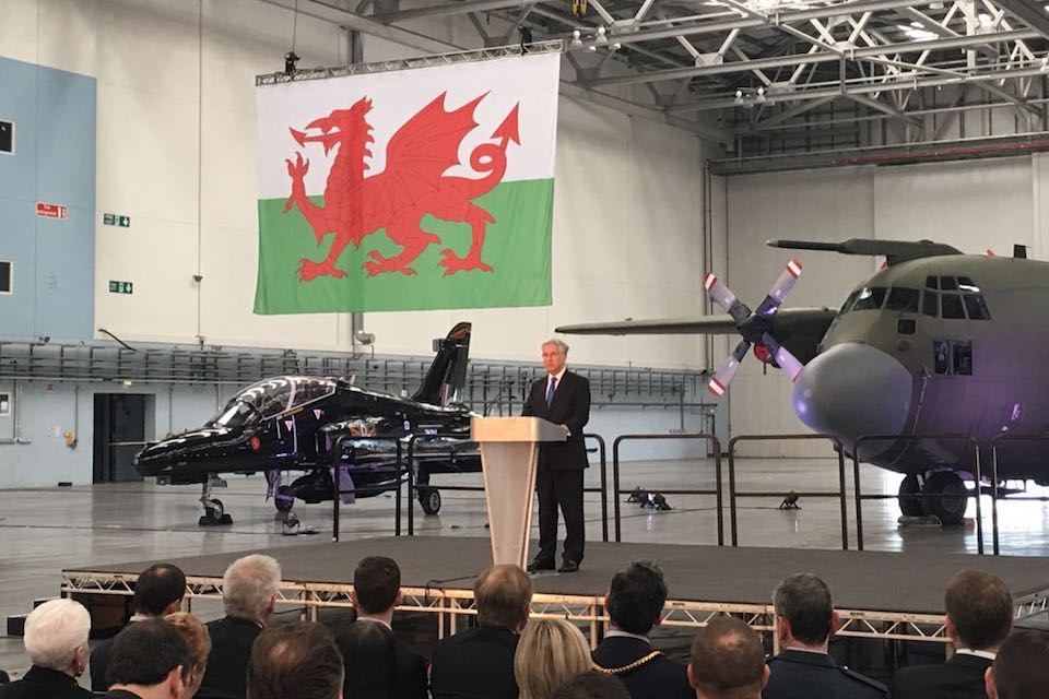 Defence Secretary Sir Michael Fallon speaking at St Athan