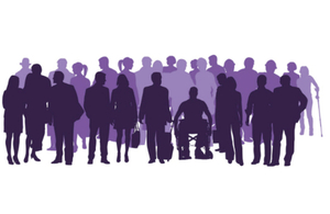 Purple silhouettes of a crowd of people.