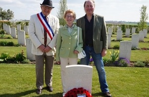 Great niece Sandra Harper with her son and Mayor of Villiers Bretonneux at the service, Crown Copyright, All rights reserved