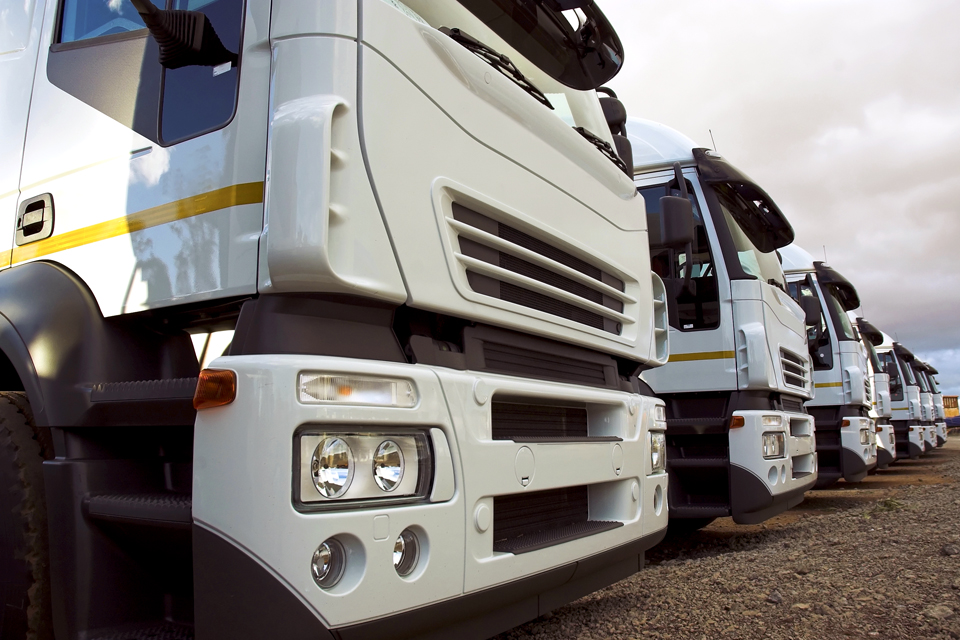 Image of row of parked white lorries
