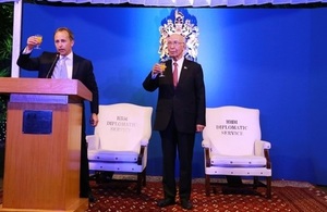 British High Commissioner, Mr Thomas Drew CMG, with Adviser to the Prime Minister on Foreign Affairs, Mr Sartaj Aziz, at the 91st birthday celebrations of Her Majesty Queen Elizabeth II in Islamabad.