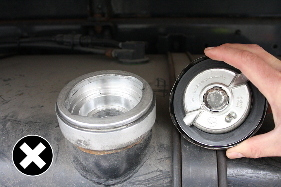 Not allowed: a fuel tank cap that isn’t tethered.