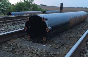 Tubular steel pile left on the line (image courtesy of Network Rail)