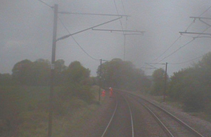 Forward facing CCTV image showing staff moving clear of the line (courtesy of Greater Anglia)