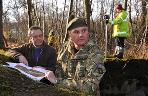 Colonel Philip Bates and Phil Abramson mapping the area of the First World War trenches at Dreghorn Barracks in Edinburgh [Picture: Mark Owens, Crown Copyright/MOD 2013]