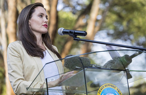 UN Special Envoy Angelina Jolie addresses representatives at the event. Crown Copyright.